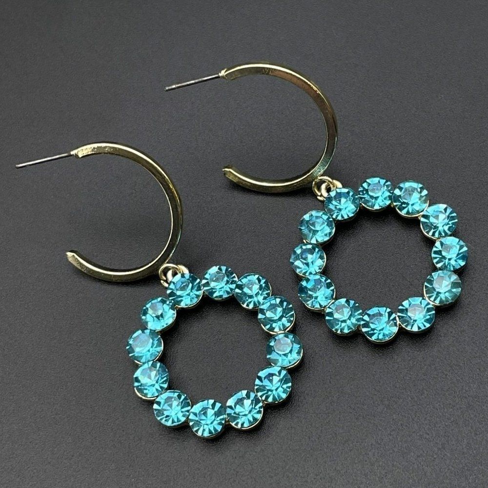 Yellow Gold with Aquamarine Blue Crystal Dangling Drop Hoop Post Back Earrings